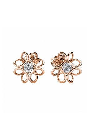 Ohrringe aus Roségold mit floralen Motiven, die verwobene Schlaufen und einen zentralen klaren Stein umfassen, umgeben von metallischen Akzenten.