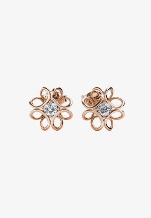Orecchini in oro rosa con un design floreale caratterizzato da anelli intrecciati e una pietra centrale trasparente circondata da dettagli in metallo.