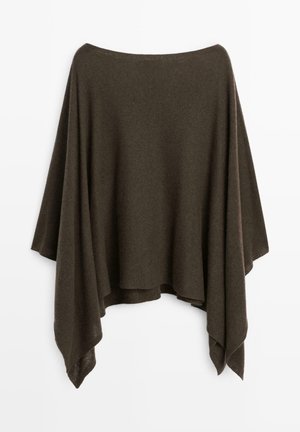 Dunkelbrauner Poncho mit lockerer Silhouette, aus weichem Stoff gefertigt, mit einem weiten, gerundeten Ausschnitt und drapierten Ärmeln. Die Kanten sind sauber geschnitten.