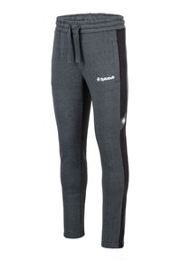 Graue Sweatpants mit schwarzen Seitenelementen, elastischem Bund und Kordelzug. Enthält ein Logo am linken Oberschenkel. Weiche Stofftextur.