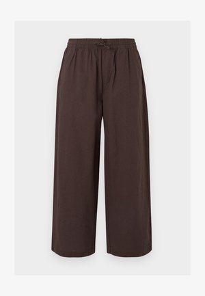 Locker sitzende, dunkelbraune Hose mit elastischem Bund und Kordelzug, gerade geschnittene, weite Beine, Fronttaschen, keine sichtbaren Logos oder Muster.