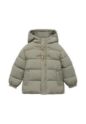 Helle graue gepolsterte Kinderjacke mit Kapuze, zwei Holzknöpfen, elastischen Bündchen und Fronttaschen.