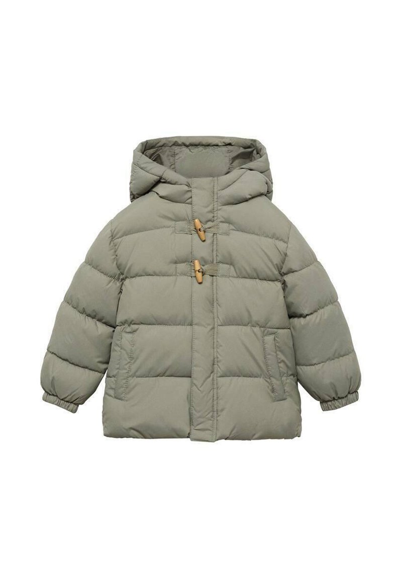 Vaaleanharmaa pehmustettu lasten takki hupulla, jossa on kaksi puista napitusta, elastiset hihansuut ja etutaskut.