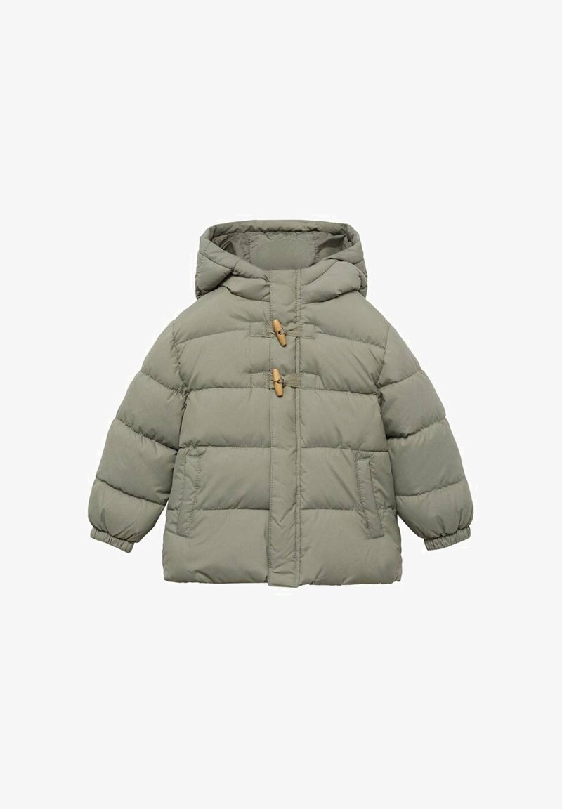 Svetlo sivi podstavljeni otroški jopič s kapuco, dvema lesenima zaponkama, elastičnimi manšetami in sprednjimi žepi.