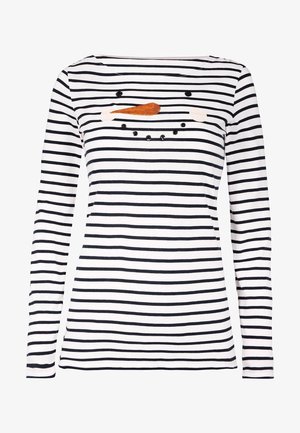 Koszula w paski z długim rękawem w kolorze białym i granatowym. Zdobiona wyhaftowaną twarzą z marchewkowym nosem oraz cekinami na oczach i ustach. Wykonana z miękkiej bawełny.