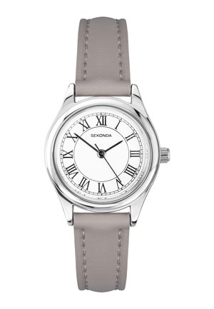 Silver round watch with white dial, black Roman numerals, three black hands, and light gray stitched leather strap by Sekonda.