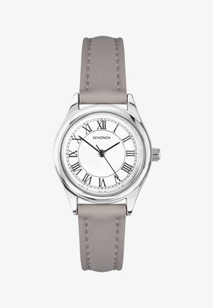 Silver round watch with white dial, black Roman numerals, three black hands, and light gray stitched leather strap by Sekonda.