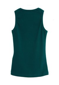 Top sin mangas de un color verde azulado oscuro, hecho de una tela suave y elástica. Presenta un escote redondo y un dobladillo ligeramente curvado. Sin patrones o acentos visibles.