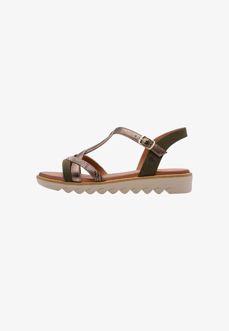 Sandale femme à bout ouvert avec des brides croisées bronze métallisé, une bride de cheville vert olive avec boucle et une semelle beige texturée avec semelle ondulée.