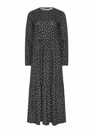 Schwarzes Midi-Kleid mit langen Ärmeln, rundem Ausschnitt und weißen Polka-Dots, mit geraffter Taille und abgestufter Rockpartie.