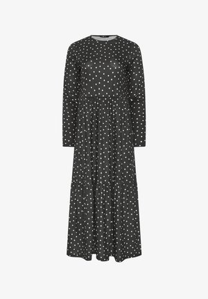 Schwarzes Midi-Kleid mit langen Ärmeln, rundem Ausschnitt und weißen Polka-Dots, mit geraffter Taille und abgestufter Rockpartie.