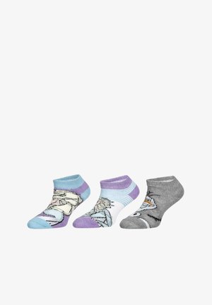 Three pairs of ankle socks: one with a floral pattern in blue and purple, one with blue stripes, and a gray sock featuring a cartoon character.