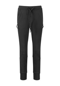 Zwarte joggingsbroek van zacht materiaal, met een drawstring taille, zijzakken met rits, taps toelopende benen en ribgebreide boorden.