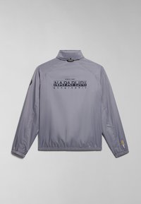 Hellgraue Windjacke mit hohem Kragen, elastischen Bündchen und schwarzem Drucklogo. Glattes, glänzendes Material.