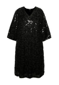Schwarzes Kleid aus strukturiertem Stoff mit V-Ausschnitt und Dreiviertelärmeln, das mit glänzenden, runden Pailletten bedeckt ist.