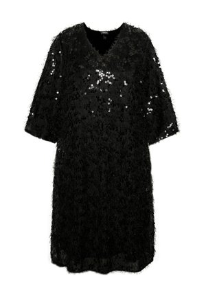Abito nero in tessuto testurizzato con scollatura a V e maniche a tre quarti, decorato con paillettes circolari lucide su tutto il vestito.