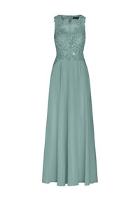 Aqua green maxi dress with floral lace bodice and sleeveless design, featuring a smooth, flowing skirt and full length.