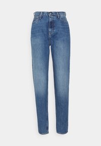 Light blue high-waisted jeans made of denim, featuring a straight leg design, five pockets, and subtle fading on the thighs.