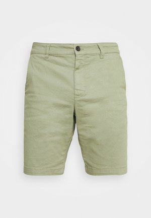 Shorts vert clair en coton, avec fermeture à bouton, poches avant et coupe droite. Texture lisse, sans motifs.