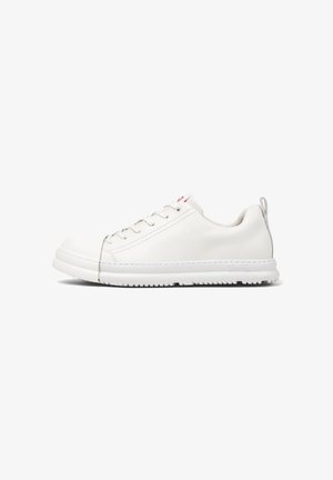 White leather sneakers with rounded toe, lace-up design, and flat rubber sole. Notable red logo accent near the tongue. Smooth texture.