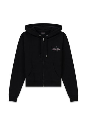 Felpa cropped nera realizzata in materiale morbido, con zip frontale, cappuccio con coulisse e grafica a stella con testo "Guess Jeans".