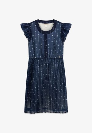 Robe bleu marine avec manches courtes à volants, fermeture à boutons, motif avec petits dessins blancs, jupe plissée pour la texture et le mouvement.