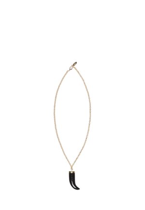 Collier chaîne en or avec un pendentif noir en forme de corne et un petit fermoir en or.
