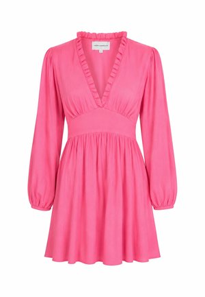Robe rose vif manche longue avec un profond décolleté en V, col à volants, taille cintrée et jupe fluide, taille small par Americandreams.