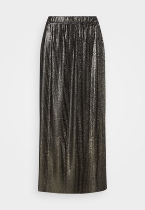 Falda midi plisada de metal negro con cinturilla elástica, reflejando la luz sobre un fondo blanco liso.