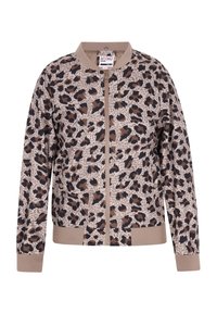 Bomberjacke mit Leopardenmuster in Beige, Braun und Schwarz. Verfügt über einen Frontreißverschluss sowie gerippte Bündchen und Saum. Hergestellt aus leichtem Stoff.