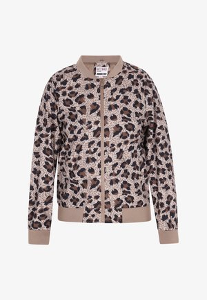 Bomberjacke mit Leopardenmuster in Beige, Braun und Schwarz. Verfügt über einen Frontreißverschluss sowie gerippte Bündchen und Saum. Hergestellt aus leichtem Stoff.