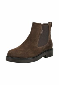 Bottine Chelsea en daim marron avec panneau latéral élastique, semelle noire et petit talon.