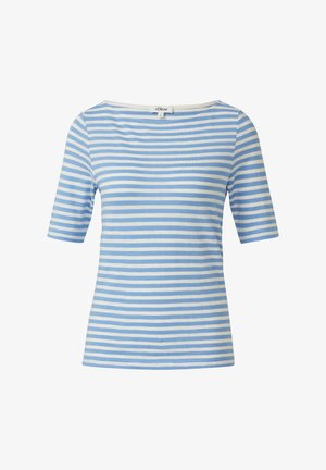 Camicia a maniche corte con righe orizzontali blu e bianche, scollatura rotonda e etichetta del marchio s.Oliver su sfondo bianco.