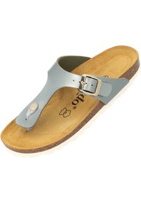 Ljusblå lädertårem sandal med metallspänne, korkfotbädd, beige mockainredning och en vit gummisole.