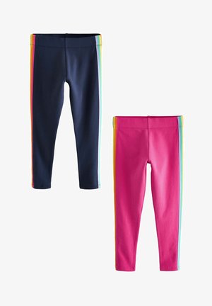 Due paia di leggings: uno blu navy con strisce multicolori, l'altro rosa con strisce simili. Entrambi presentano un design aderente e stretchy.
