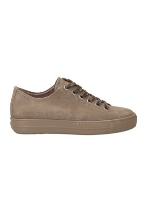Beige suede sneaker with a low-profile design, rounded toe, and bronze-tone eyelets. Features a textured rubber sole and stitched detailing.