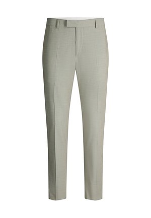 Pantaloni grigio chiaro su misura con passanti per cintura, piega frontale e vestibilità dritta slim, mostrati su uno sfondo bianco semplice.
