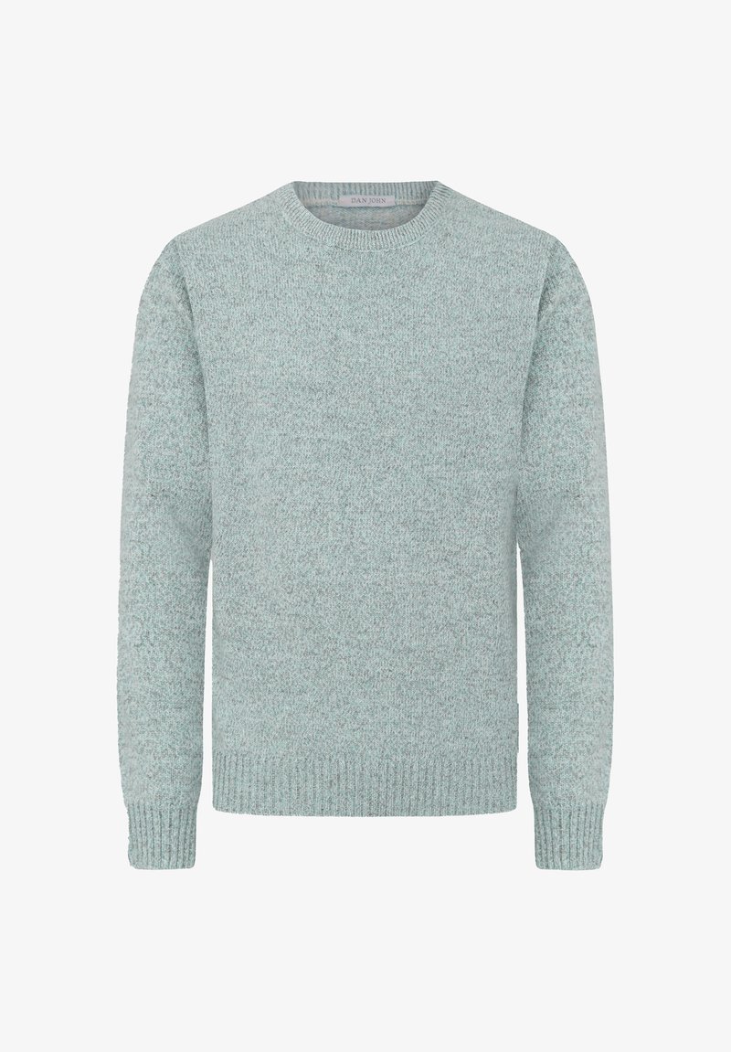 Hellgrüner gestrickter Pullover mit rundem Halsausschnitt, langen Ärmeln und gerippten Bündchen. Strukturiertes Gewebe mit einem dezenten Muster.