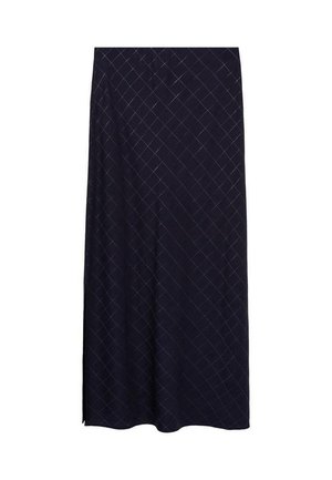 Gonna lunga blu navy realizzata in un tessuto morbido, caratterizzata da un motivo a diamante e da uno spacco laterale per facilitare i movimenti. Texture liscia e design che arriva fino al pavimento.