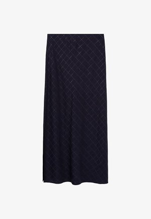 Navyblå lang nederdel lavet af et blødt stof, med et diamantmønster og en sideslids for nem adgang. Glat tekstur og gulvlængde design.