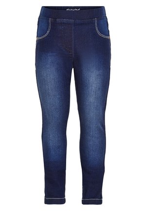 Jeans de mezclilla azul oscuro con un ajuste ceñido, que presentan piernas estrechas, bolsillos delanteros y costuras contrastantes a lo largo de los bordes.