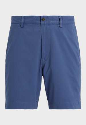 Blå shorts laget av lett materiale, med knappfeste foran og flat frontdesign, med sydd falder og sidelommer.
