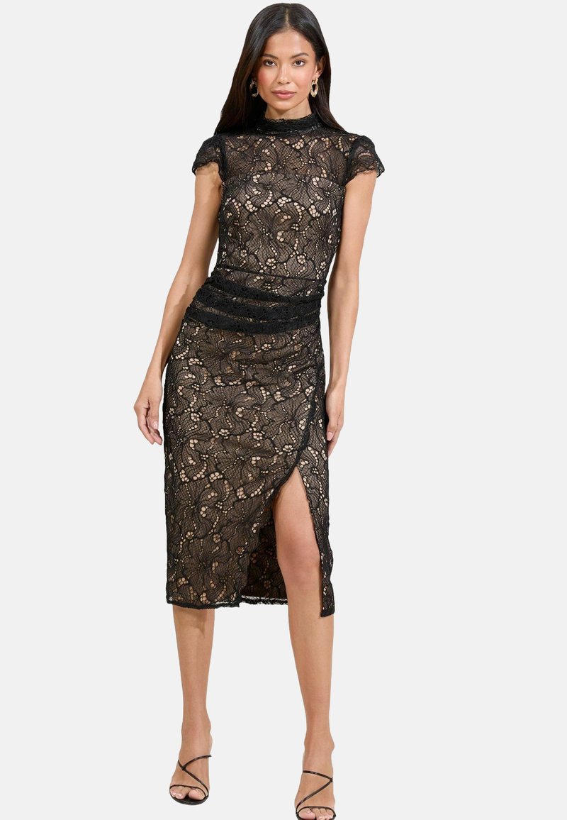Black lace dress with short sleeves, high neckline, and a side slit. Features a fitted waist and floral pattern, with smooth texture.