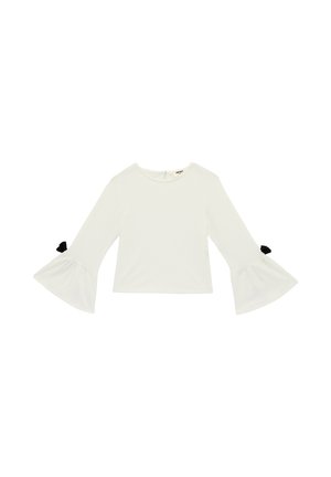 Weiße Bluse mit langen Ärmeln, ausgestellten Manschetten und kleinen schwarzen Schleifen an jedem Ärmel, Rundhalsausschnitt.