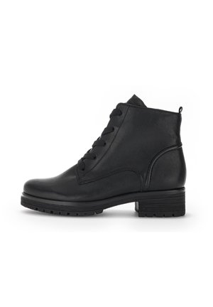 Black ankle boots made of smooth leather, featuring a lace-up design, a rounded toe, and a low block heel with a treaded sole.