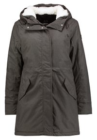 Cappotto invernale grigio con cappuccio, foderato in pelliccia sintetica, due tasche frontali e chiusura con zip per calore e comfort.