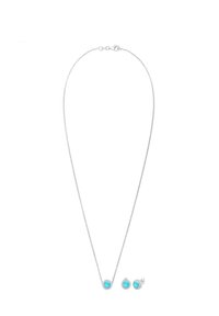 Sølv kædedesign med to turkise sten i runde indstillinger og matchende stud ørehængere. Rent design, glatte overflader og blank finish.