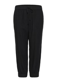 Černé kalhoty s pasem na šňůrku, elastickými manžetami a volným střihem. Vyrobeny z měkké látky pro pohodlí a snadný pohyb.