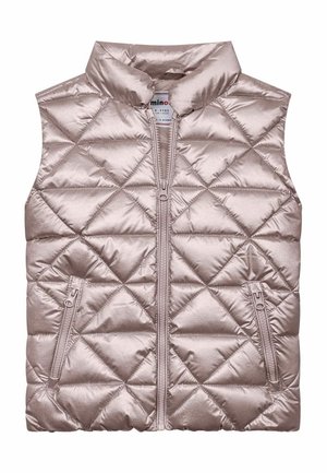 Veste matelassée enfant sans manches de couleur rose clair métallisé, fermeture éclair à l'avant et deux poches latérales zippées, col montant.