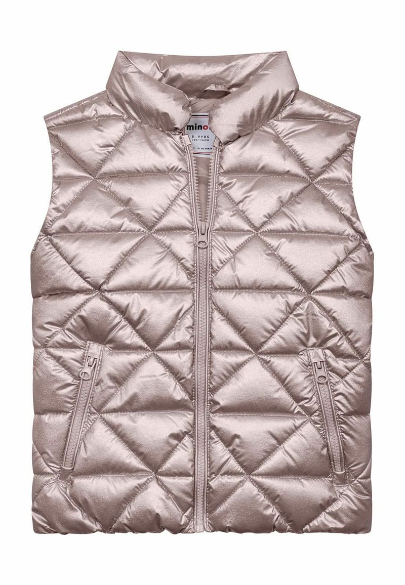 Veste matelassée enfant sans manches de couleur rose clair métallisé, fermeture éclair à l'avant et deux poches latérales zippées, col montant.